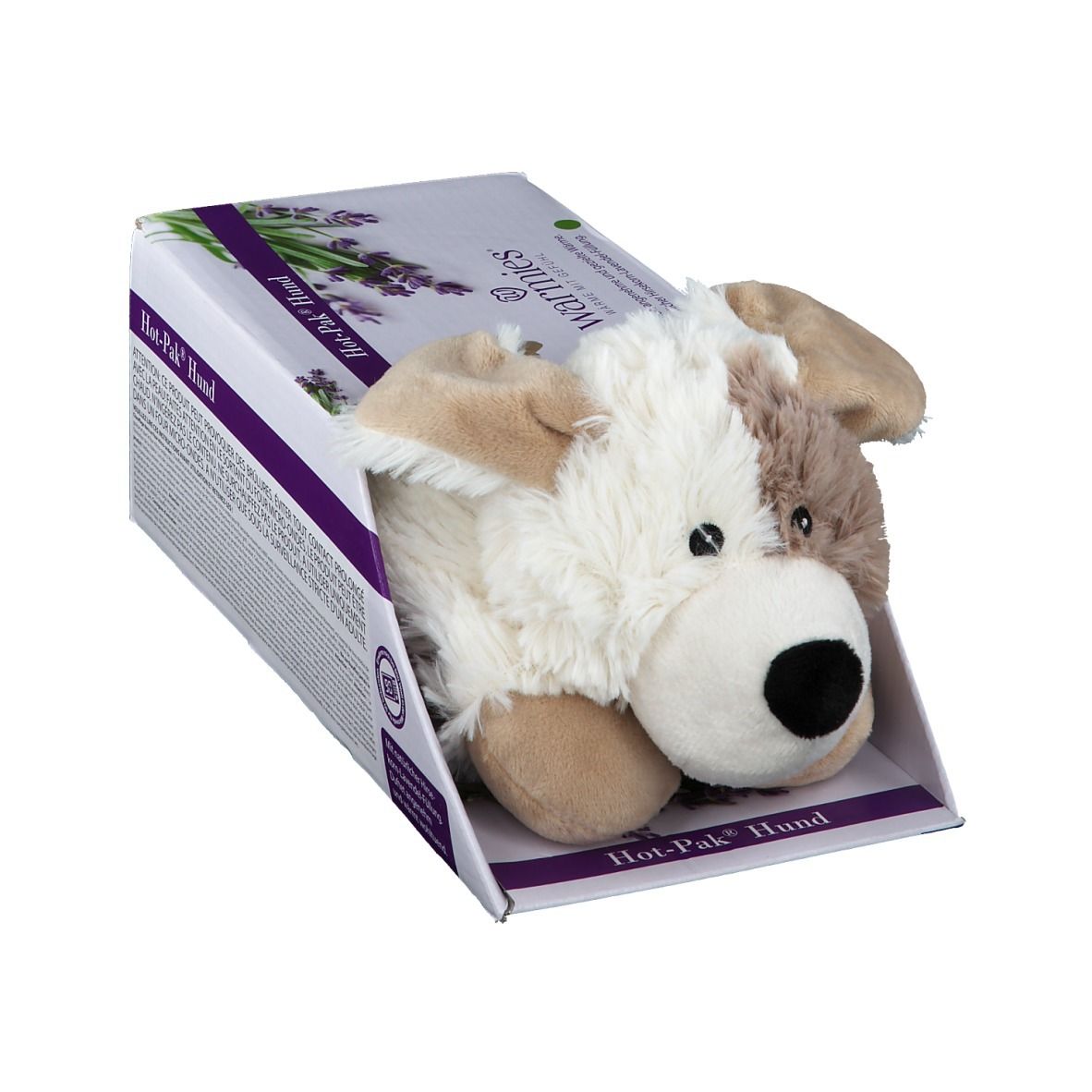Warmies Hot Pak Hund, peluche dans son emballage. Design chien blanc et marron, yeux et nez noirs. Emballage avec motif lavande.