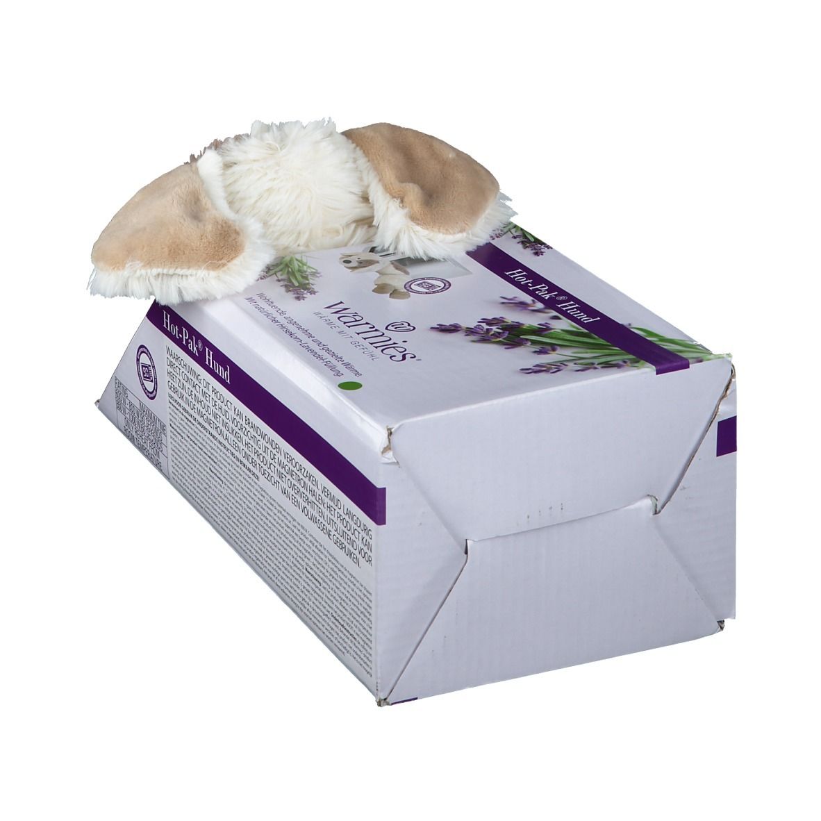 Warmies Hot Pak Hund, emballage. Design chien blanc et marron, oreilles visibles. Emballage avec texte et motif lavande. Vue en angle.
