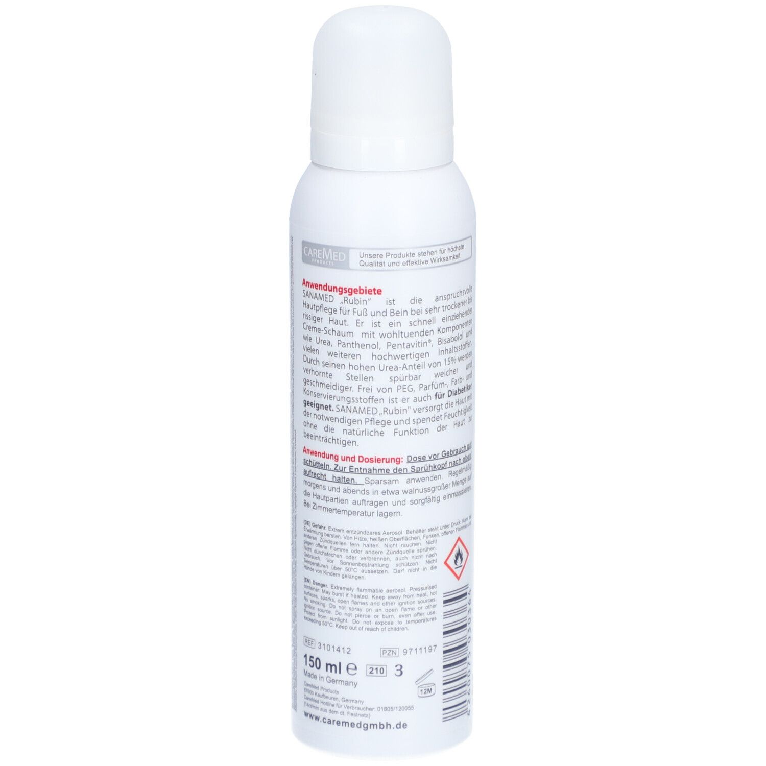 Witte spuitfles, zijaanzicht. Tekst: SANAMED, FUSSCREME-SCHAUM. Etiket met tekst. Volume: 150 ml.