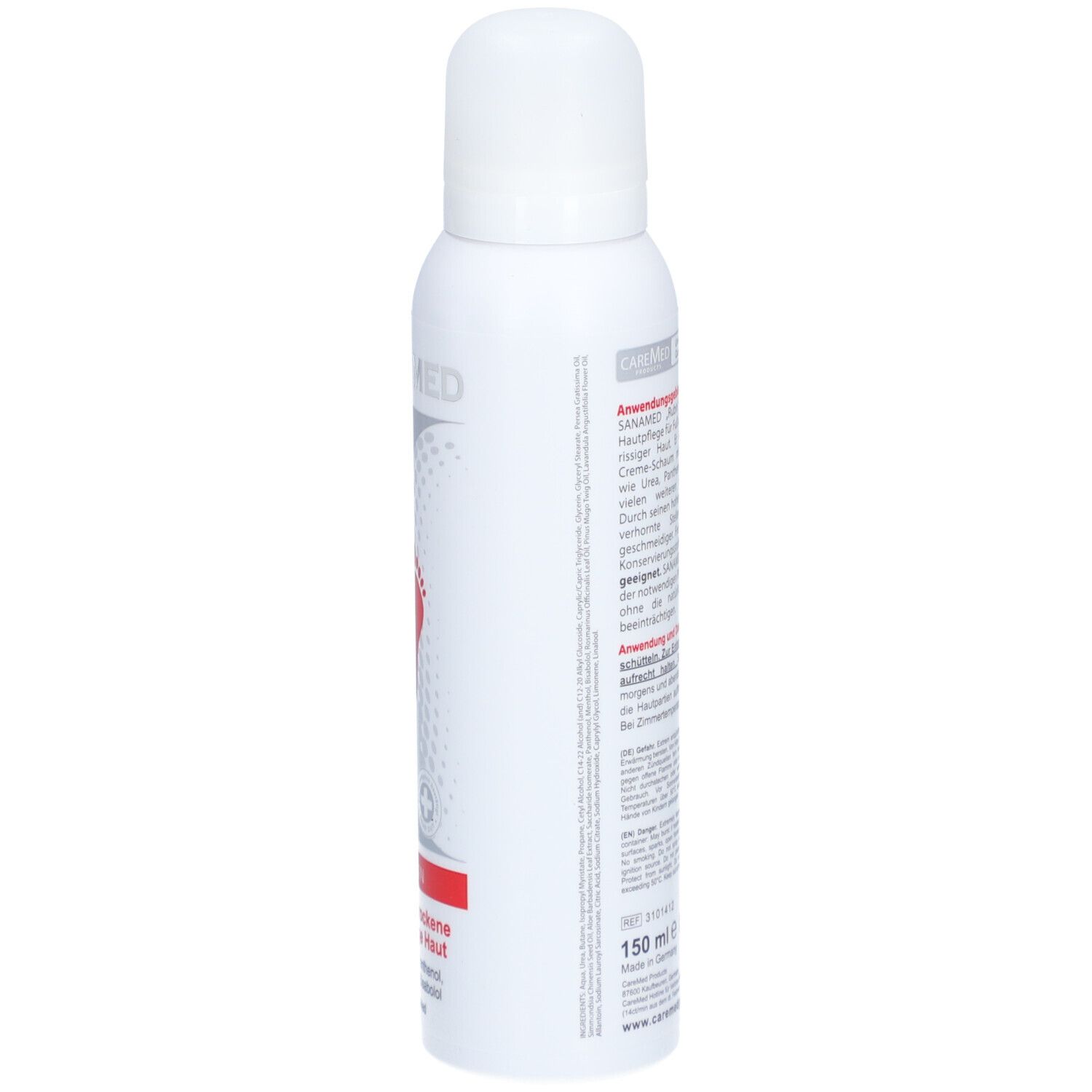 Witte spuitfles, zijaanzicht. Tekst: SANAMED, FUSSCREME-SCHAUM. Etiket met tekst. Volume: 150 ml.