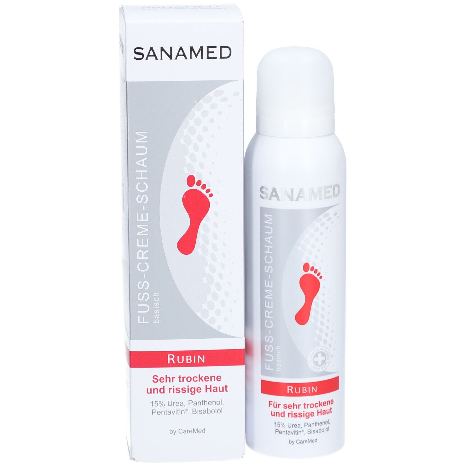 Product met verpakking. Witte spuitfles en doos. Tekst: SANAMED, FUSSCREME-SCHAUM, RUBIN. Voor droge huid.