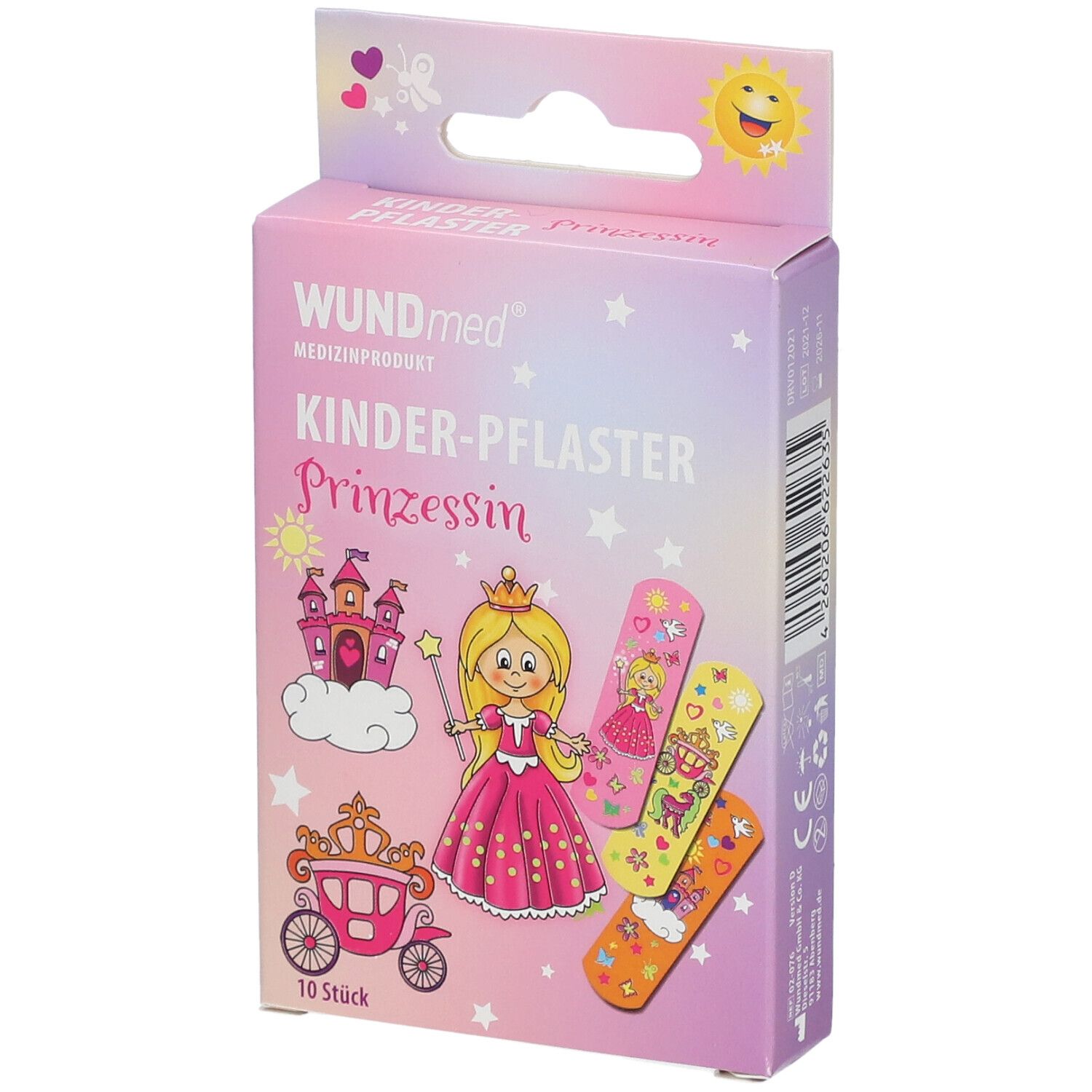 Verpakking WUNDmed kinderpleisters Prinses met 10 stuks. Toont een prinses, kasteel en koets.