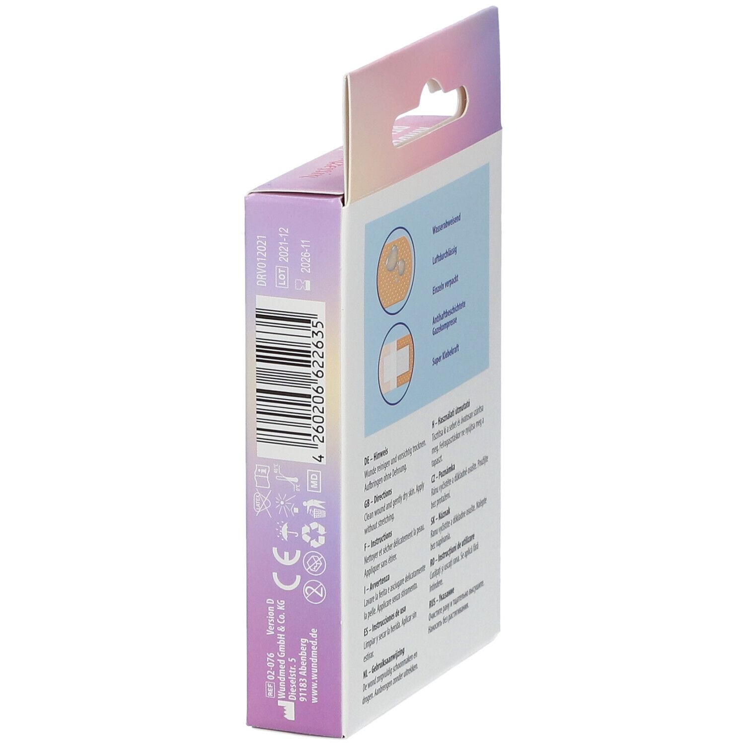 Zijaanzicht van de verpakking WUNDmed kinderpleisters Prinses. Met barcode en CE-markering.
