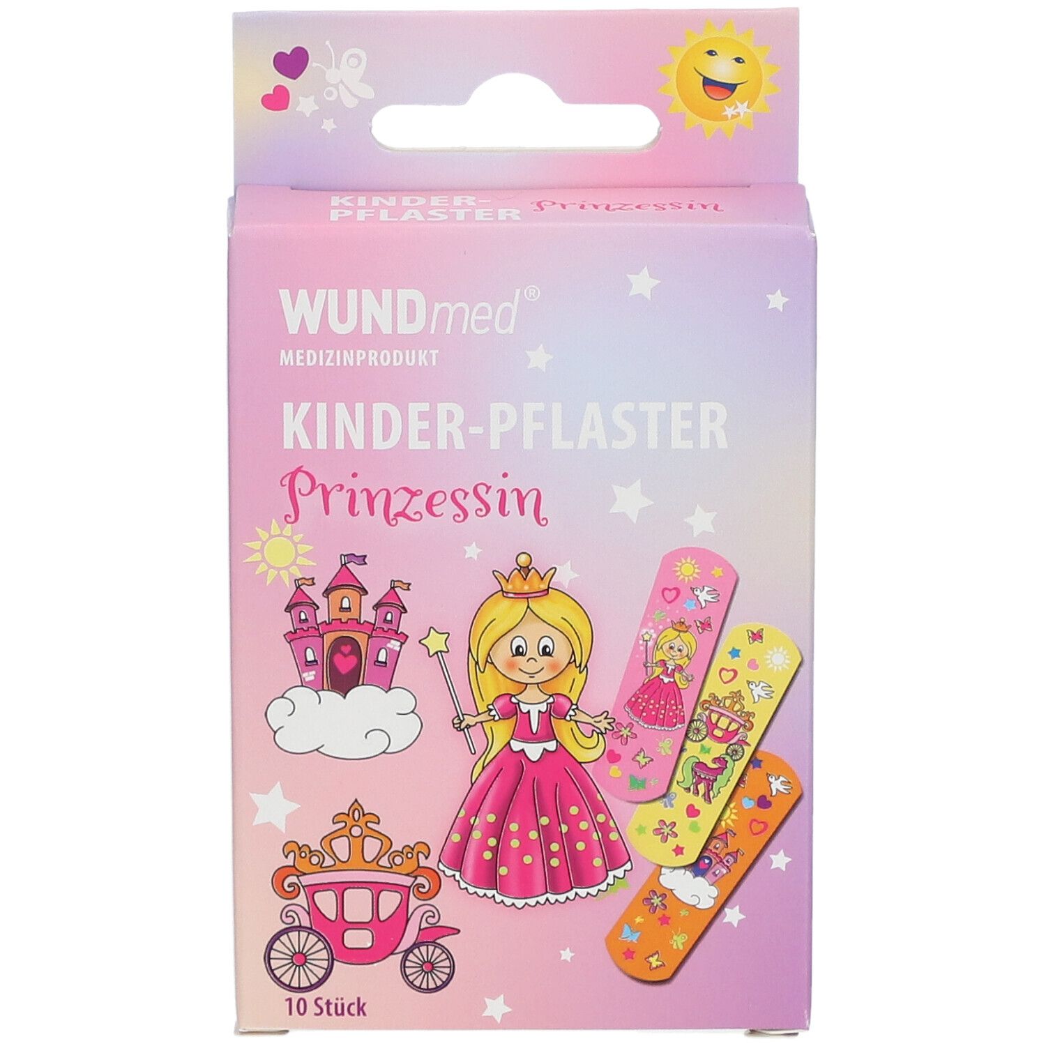 Voorkant van de verpakking WUNDmed kinderpleisters Prinses. Toont een prinses, kasteel en koets.