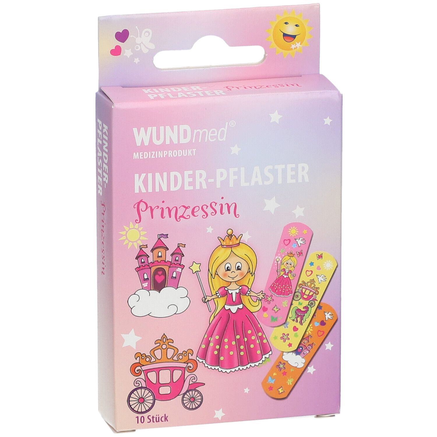 Verpakking WUNDmed kinderpleisters Prinses met 10 stuks. Toont een prinses, kasteel en koets.