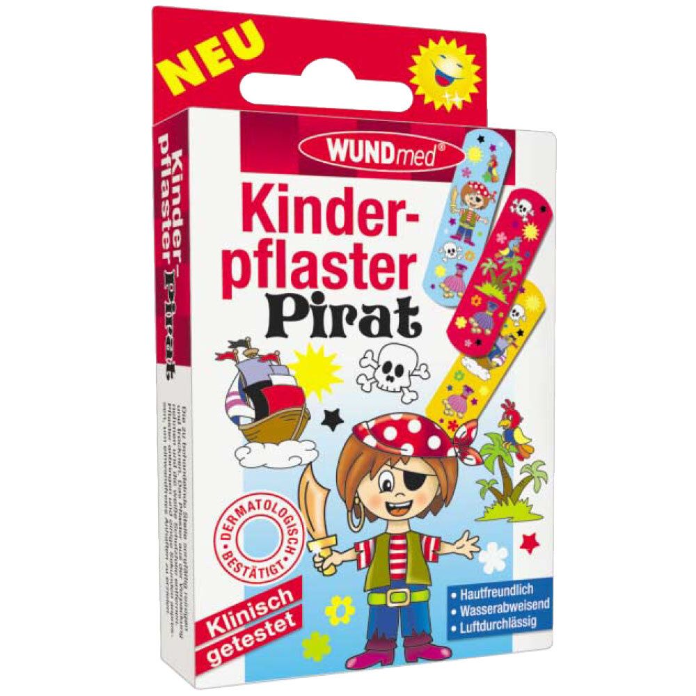 Verpakking WUNDmed Kinderpflaster Pirat. Doos met pleisters, piratenillustraties. Klinisch getest.