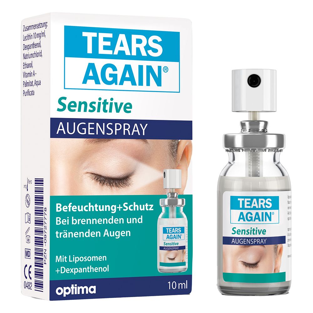 Oogspray met verpakking. Opschrift: TEARS AGAIN® Sensitive Augenspray. Flesje van 10 ml en doos.