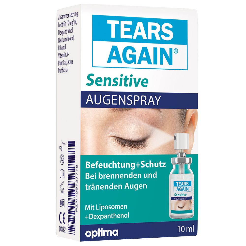 Verpakking met oogspray. Opschrift: TEARS AGAIN® Sensitive Augenspray. Flesje van 10 ml en doos.