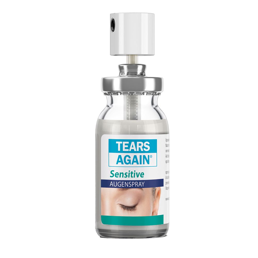 Flesje oogspray. Opschrift: TEARS AGAIN® Sensitive Augenspray. Met sproeikop.