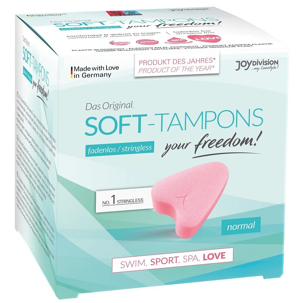 Verpakking met roze, hartvormige Soft-Tampon. Opschrift: SOFT-TAMPONS, zonder draad, normaal. Product van het jaar. Made in Germany.