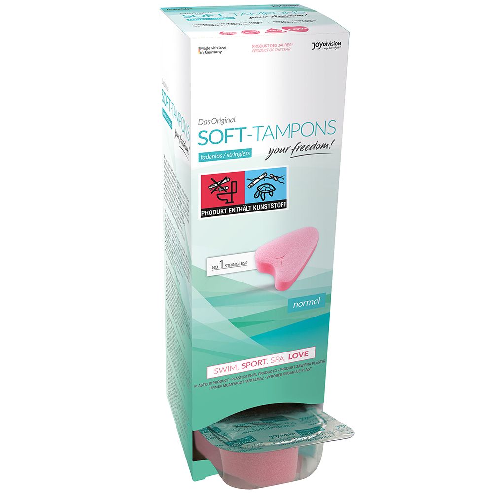 Emballage de tampons roses. Texte: Das Original SOFT-TAMPONS, normal. Contient du plastique. Pour nager, faire du sport, spa, amour.