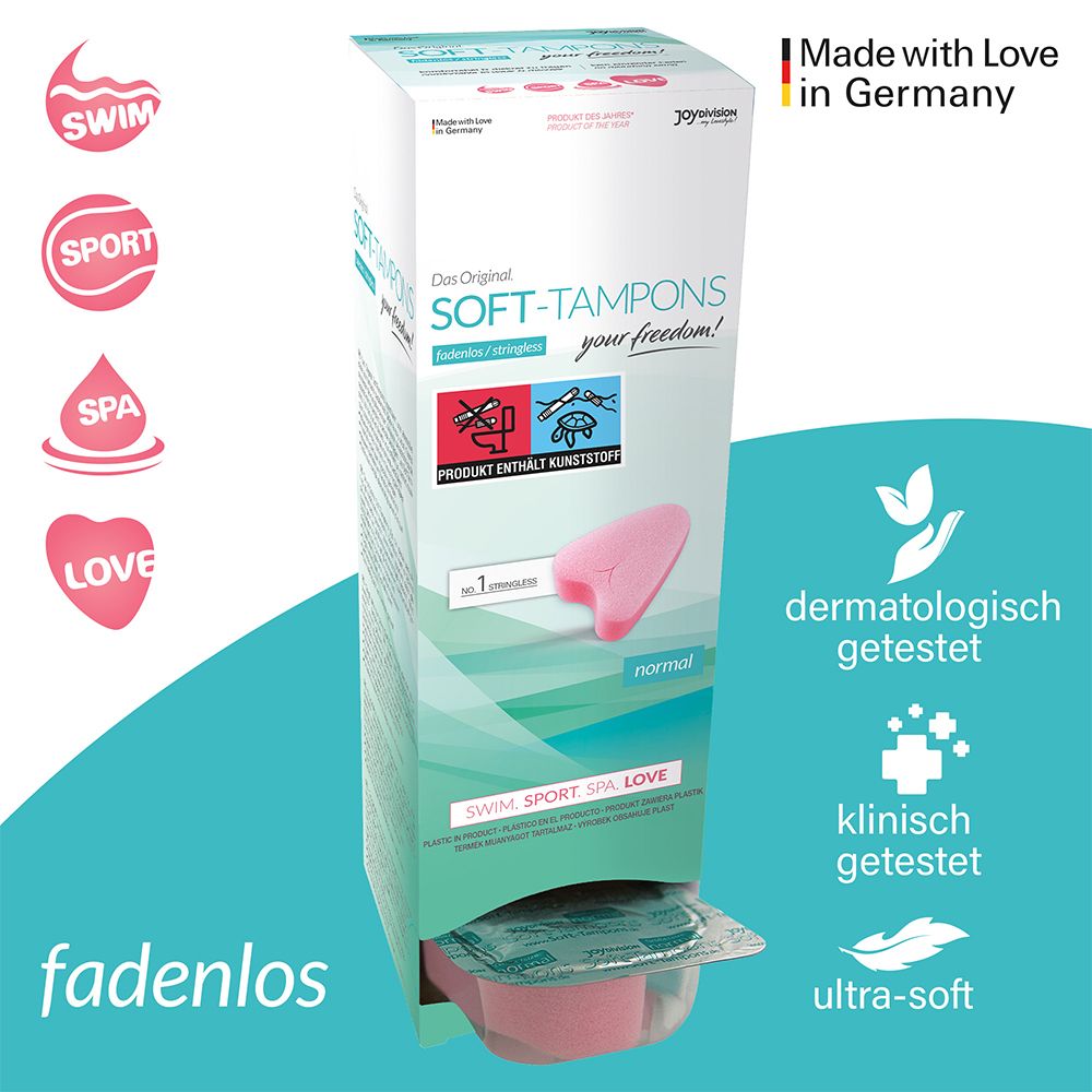 Emballage de tampons roses. Texte: Das Original SOFT-TAMPONS, normal. Contient du plastique. Pour nager, faire du sport, spa, amour.
