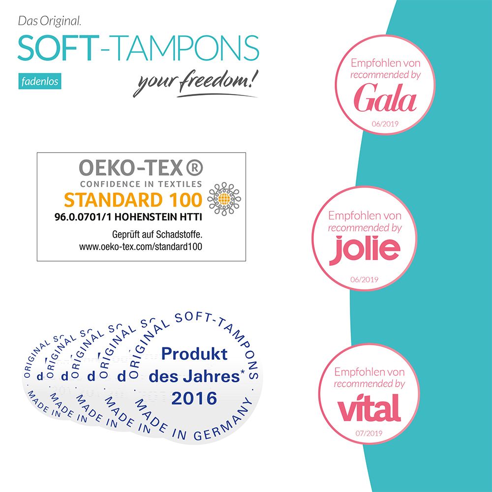 Certifications et récompenses. Texte: OEKO-TEX, Produit de l'année 2016. Recommandé par Gala, Jolie, vital.