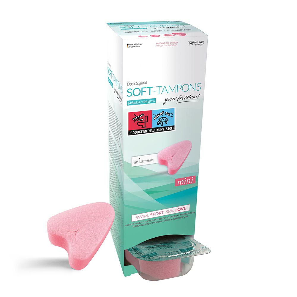 Emballage de Soft-Tampons mini. Tampon rose à côté de l'emballage. Texte: SWIM SPORT SPA LOVE.