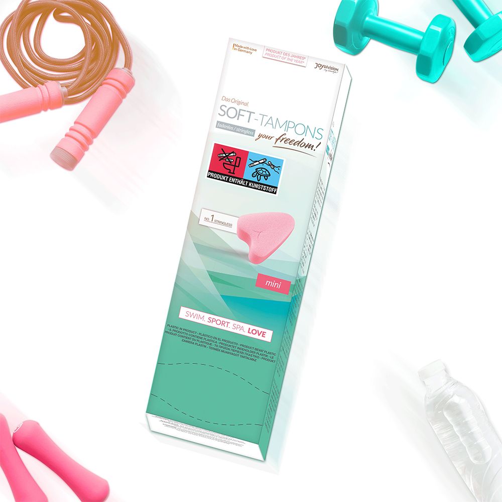 Emballage de Soft-Tampons mini. Tampon rose, haltères et corde à sauter en arrière-plan. Texte: SWIM SPORT SPA LOVE.