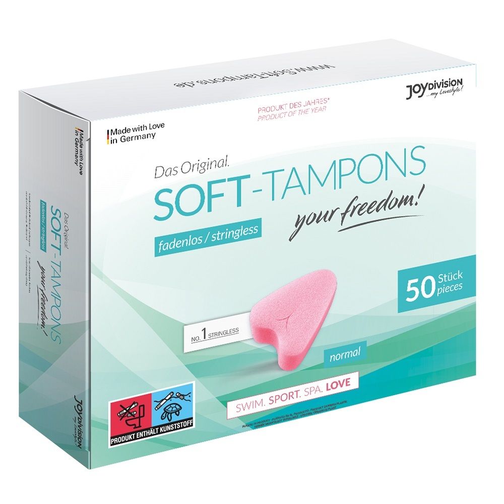 Verpakking met productnaam en logo. 50 stuks. Roze tampon afgebeeld in de verpakking. Tekst: draadloos/stringless, normaal.
