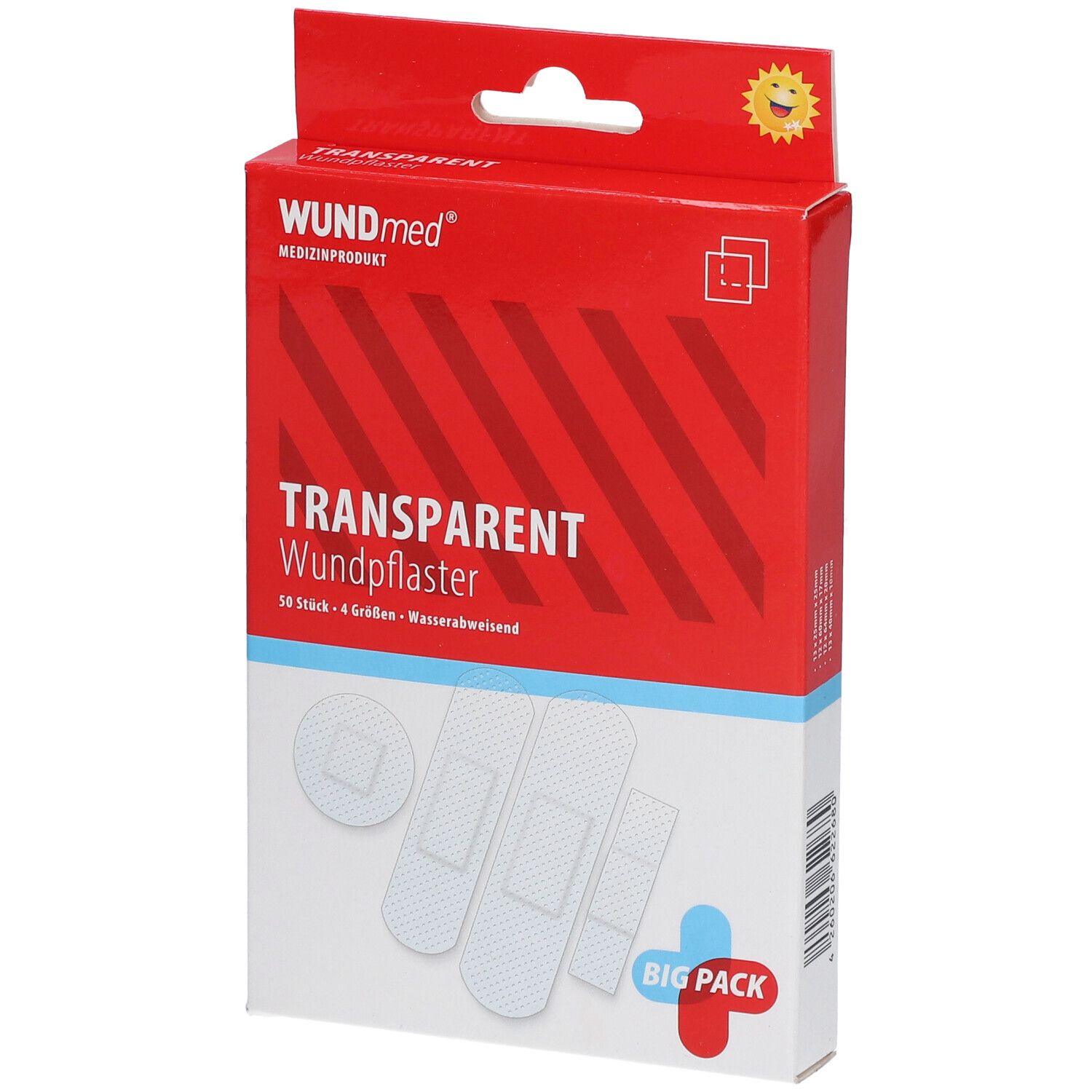 Verpakking transparante pleisters. Merk WUNDmed, 50 stuks in 4 maten. Waterafstotend.