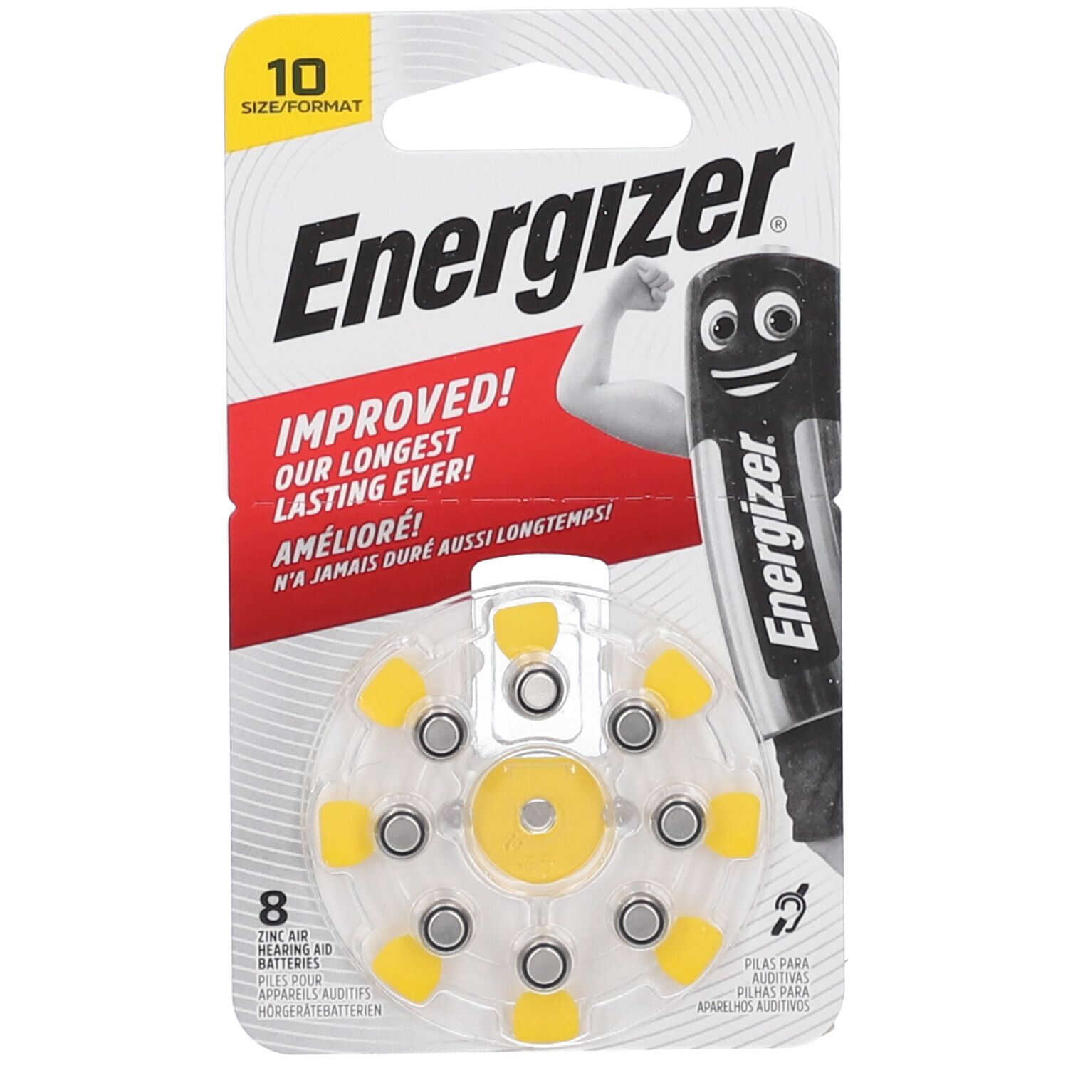 Energizer gehoorapparaatbatterijen maat 10, 8 stuks in blisterverpakking.