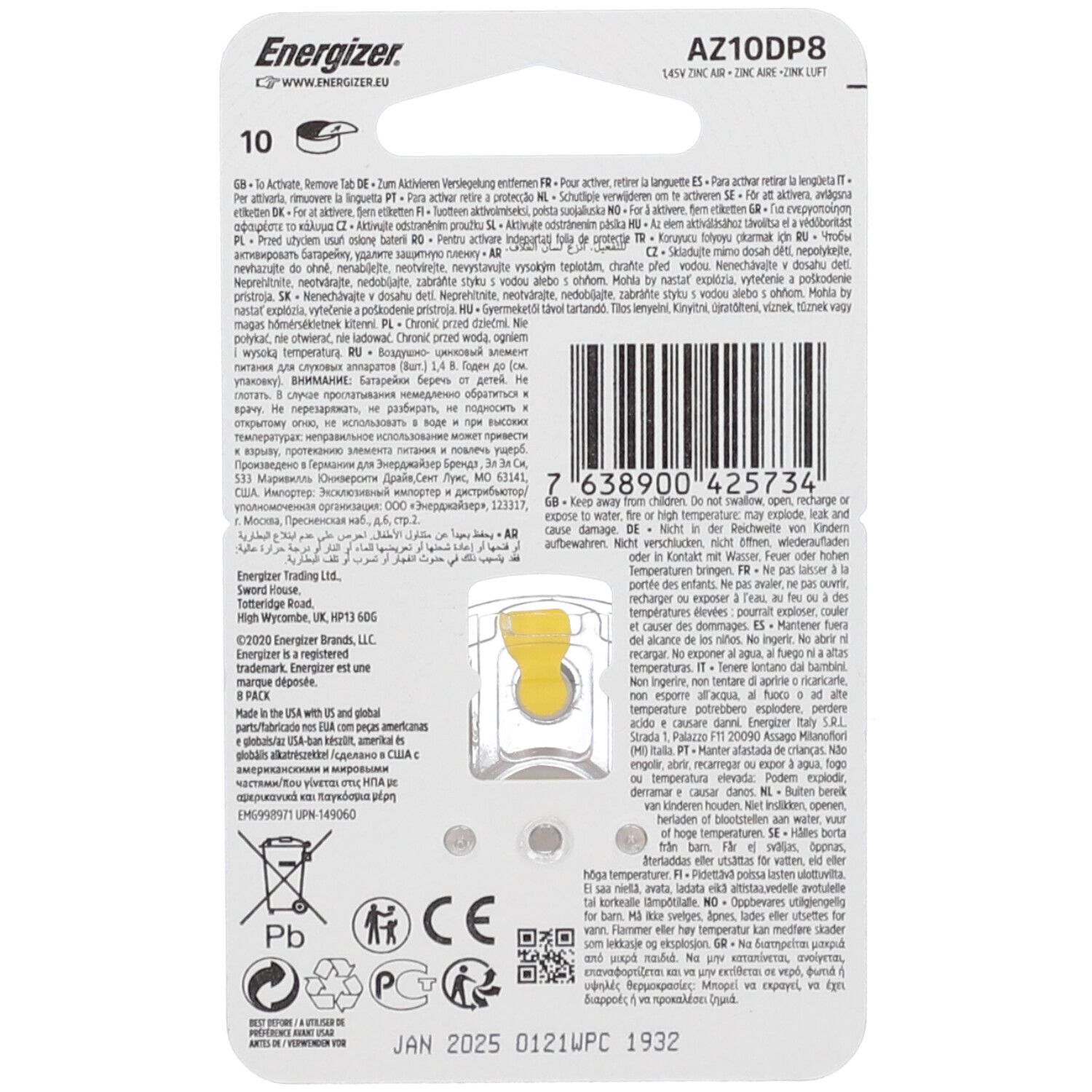 Energizer AZ10DP8 knoopcelbatterijen, 10 stuks in blisterverpakking.