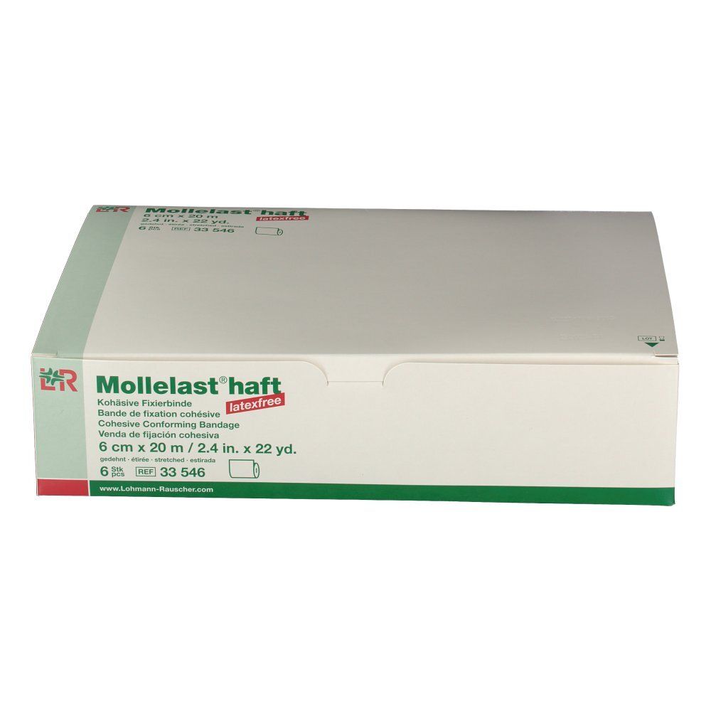 Emballage de Mollelast® haft. Inscription : 6 cm x 20 m, sans latex. Six rouleaux. Emballage vert et blanc.