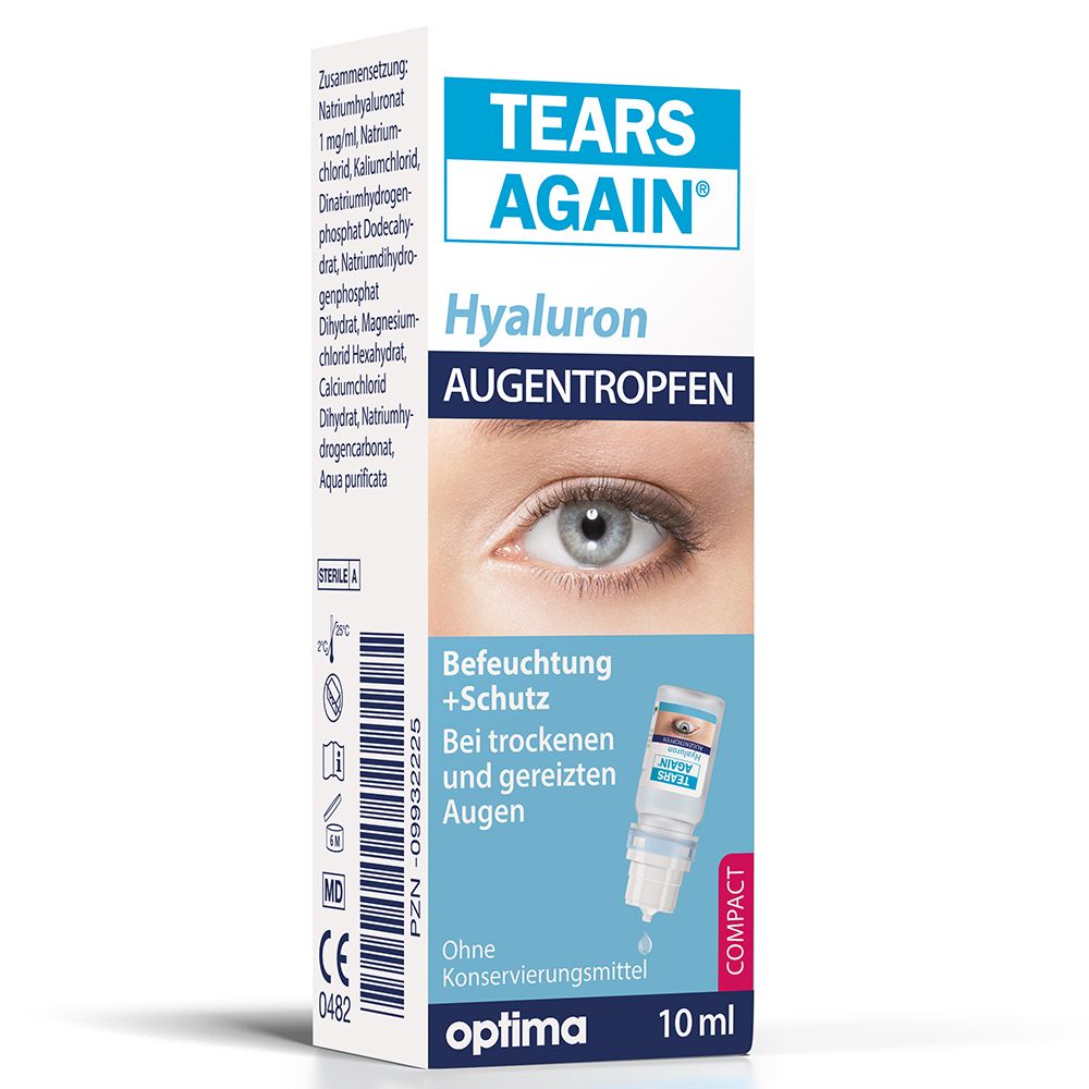 Emballage de TEARS AGAIN® Hyaluron Augentropfen. Inscription : Hyaluron Augentropfen, 10 ml. Image d'un œil.