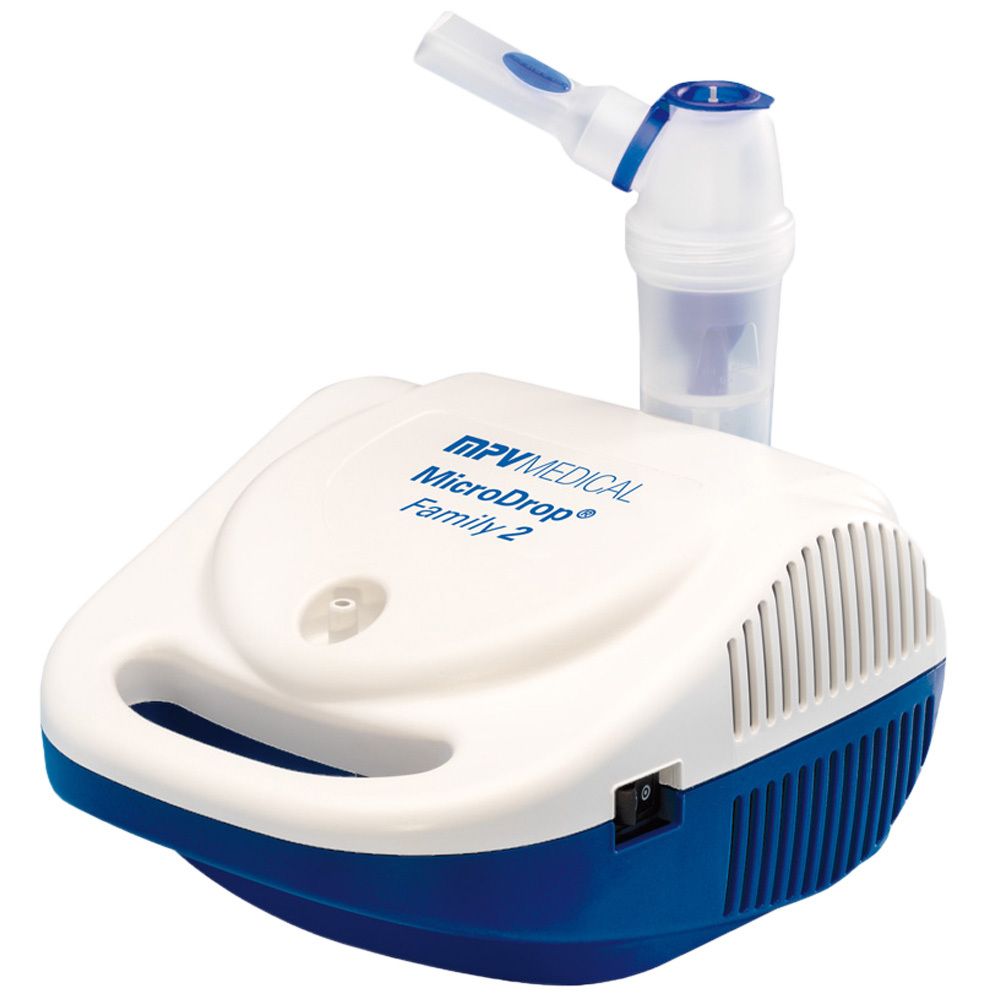 Appareil d'inhalation MicroDrop Family2. Boîtier blanc et bleu avec embout buccal. Logo MPV MEDICAL.