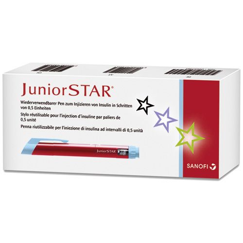 Verpakking voor JuniorSTAR insulinepen, herbruikbaar, in stappen van 0,5 eenheid.