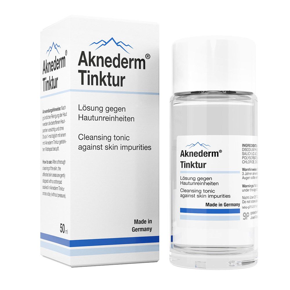 Aknederm Tinktur fles en verpakking. Oplossing tegen huidonzuiverheden. Made in Germany. 50ml.