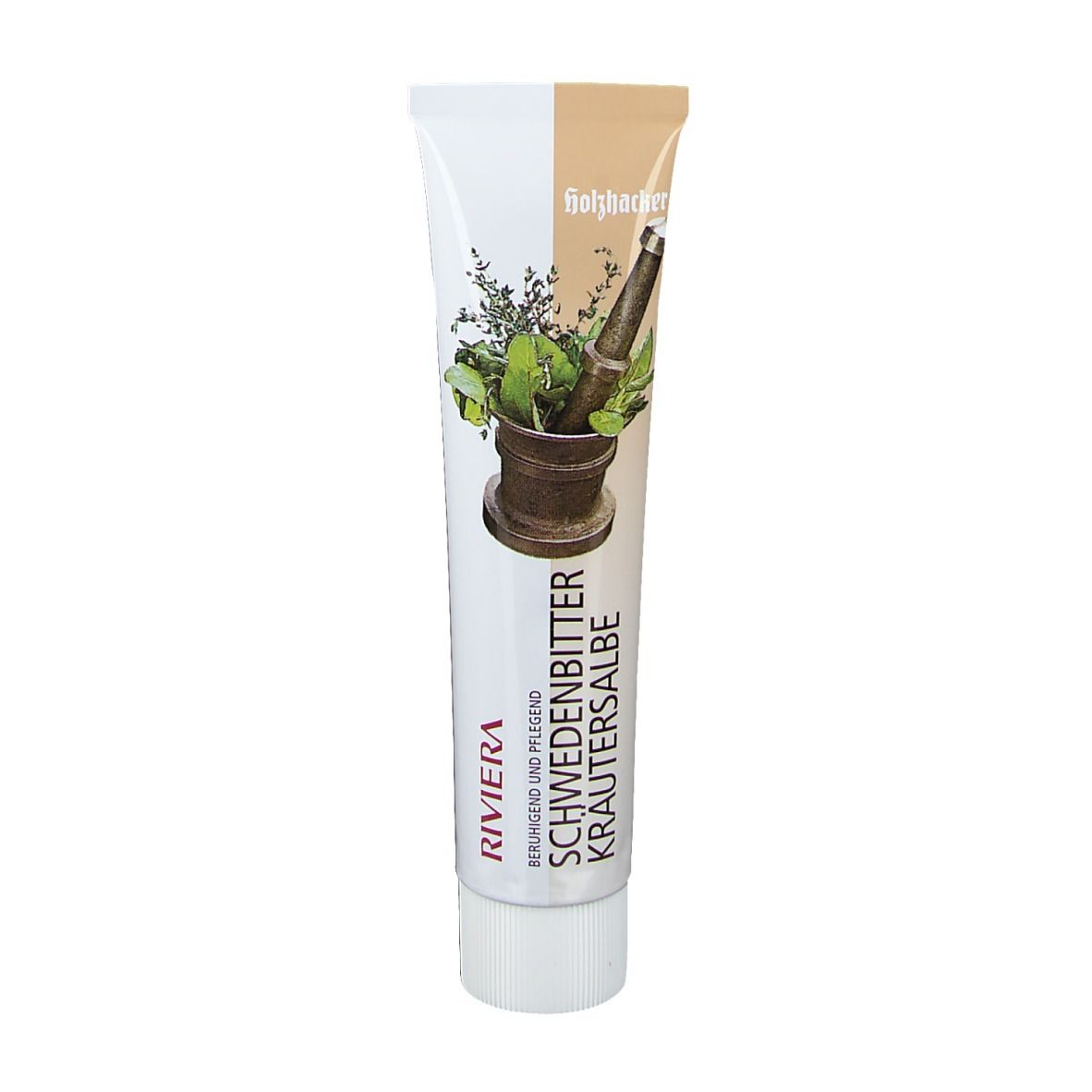Boîte blanche avec nom du produit et illustration d'herbes dans un mortier. Texte : Schwedenkräuter Salbe.