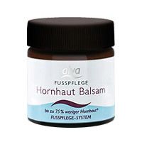 Bruine pot met zwarte deksel. Opschrift: Hornhaut Balsam. Blauwe en witte etiketten. Merk: alva.
