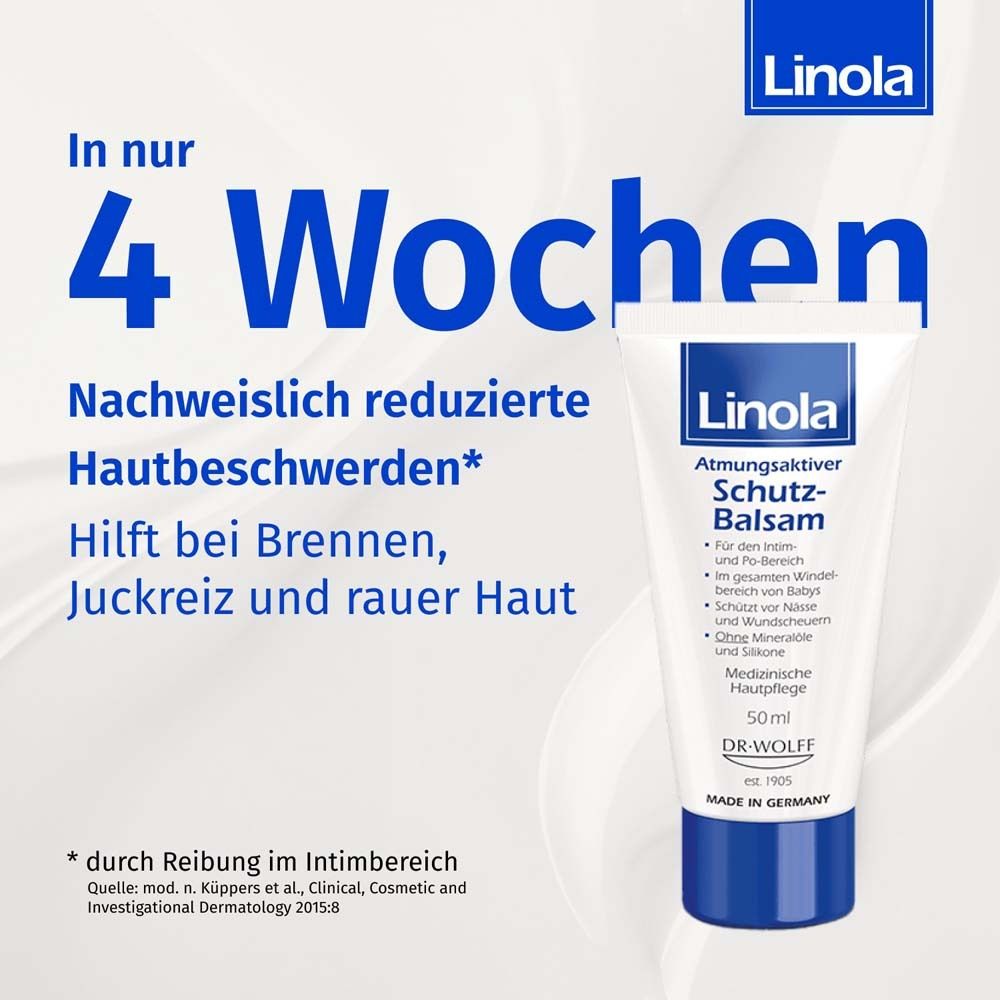 Tube Linola Schutz-Balsam. Réduction prouvée des problèmes de peau en 4 semaines. Aide contre brûlures, démangeaisons.