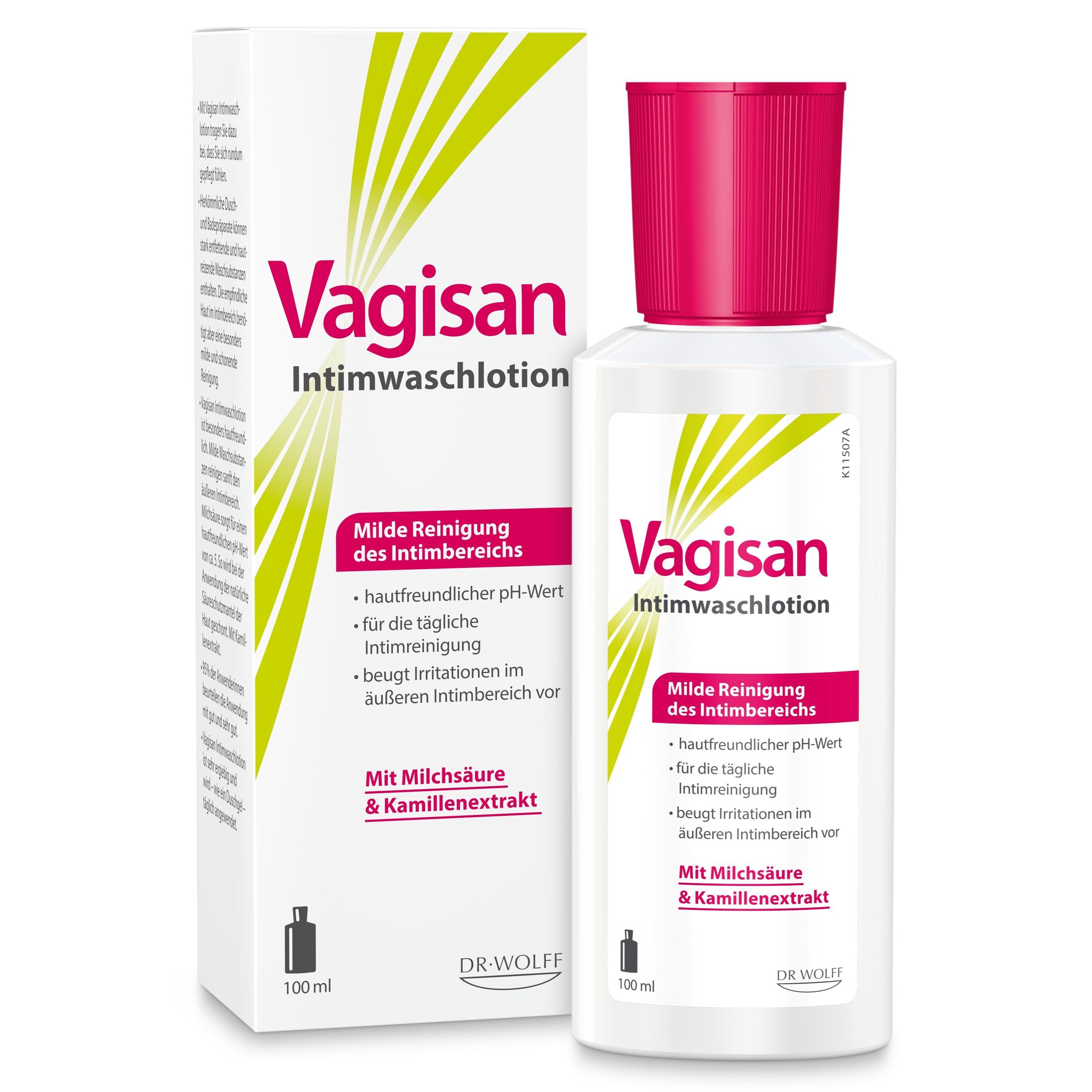 Vagisan Intimwaschlotion, fles en verpakking. Wit, roze dop. Tekst: Intimwaschlotion, 100 ml.