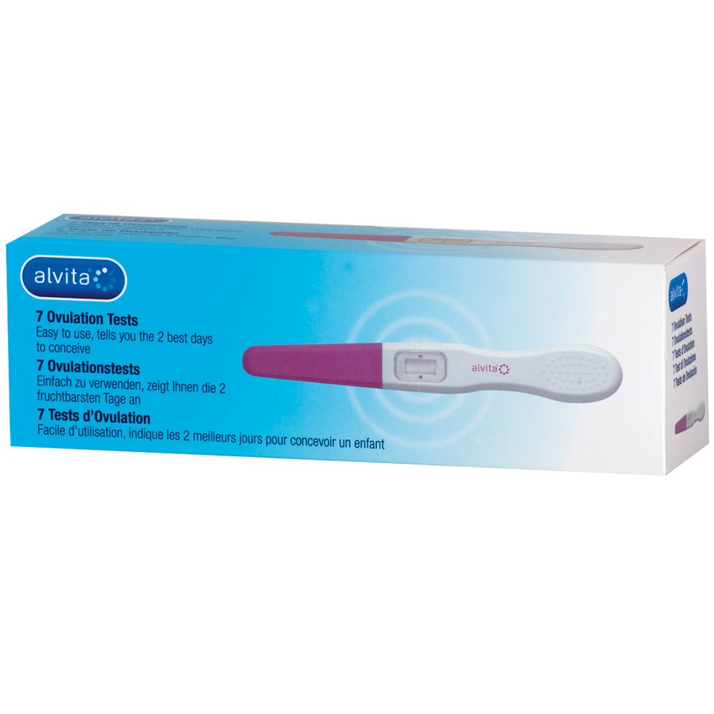 Verpakking met 7 ovulatietests. Teststrips zijn afgebeeld. Het merk is Alvita.