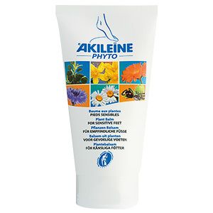 Tube blanc avec nom du produit et illustrations florales. Texte multilingue : "Baume aux pieds sensibles".