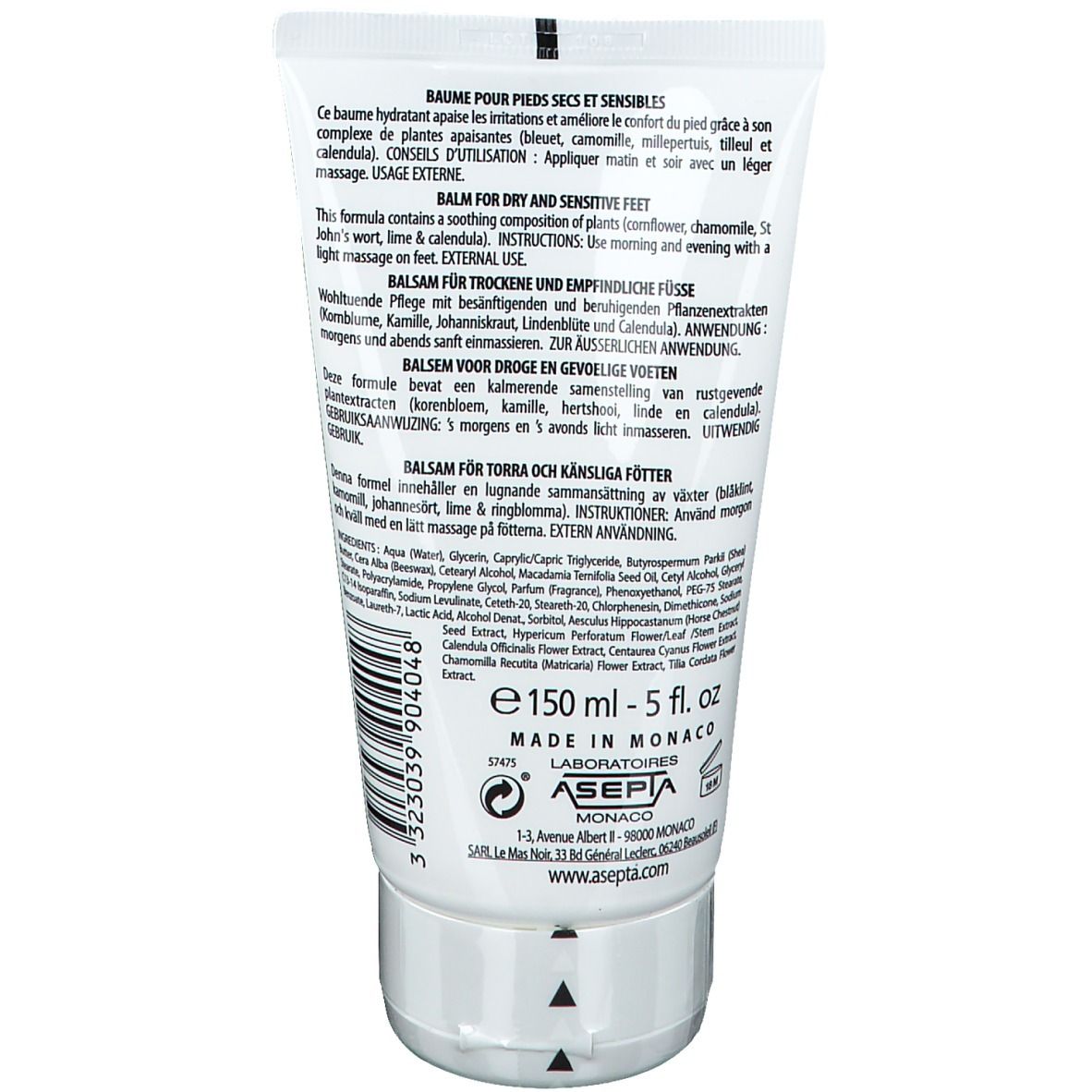 Dos d'un tube blanc. Texte multilingue, dont "Baume pour pieds secs et sensibles".
