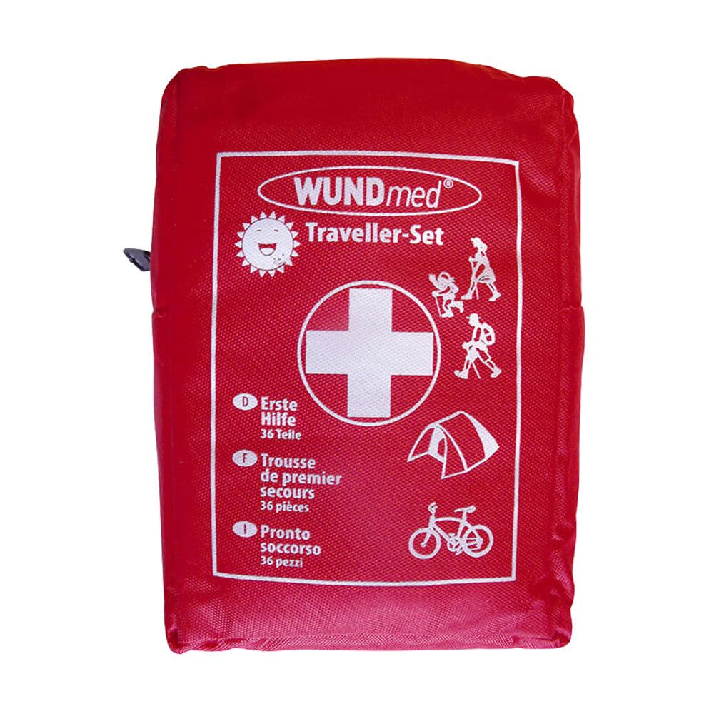 Rode EHBO-set, rechthoekig, met wit kruis en logo. Bevat 36 delen. Merk: WUNDmed® Traveller-Set.