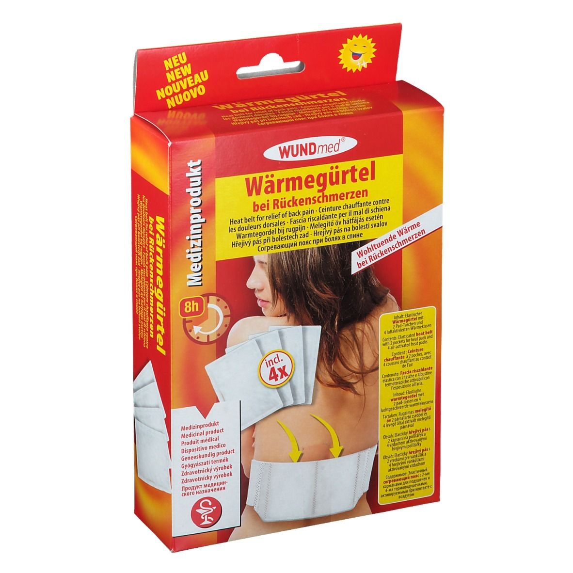 WUNDmed Wärmegürtel verpakking. Rode doos met productafbeelding en tekst. Bevat 4 warmtepads. Medisch product.