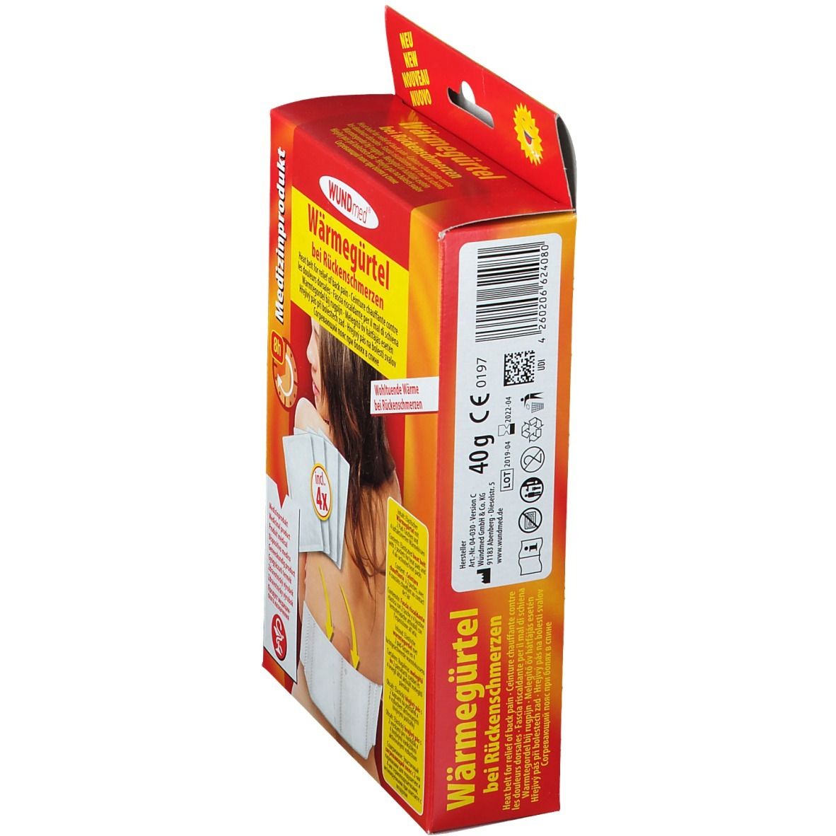 Zijaanzicht van de WUNDmed Wärmegürtel verpakking. Rode doos met productinformatie en barcode. 40g. Medisch product.