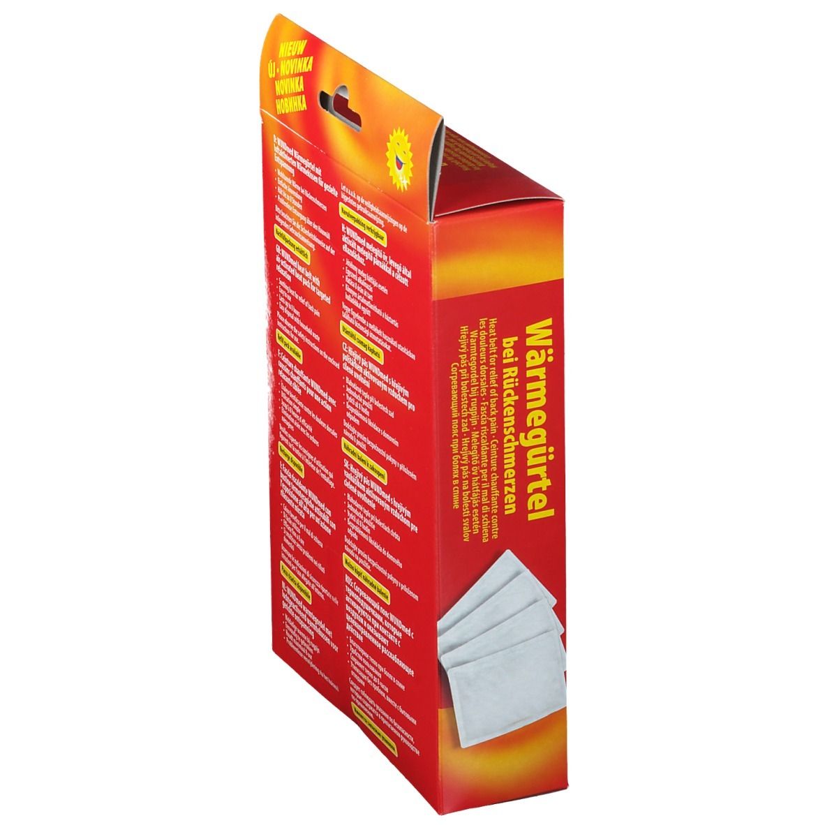 Zijaanzicht van de WUNDmed Wärmegürtel verpakking. Rode achtergrond met tekst en afbeelding van warmtepads.