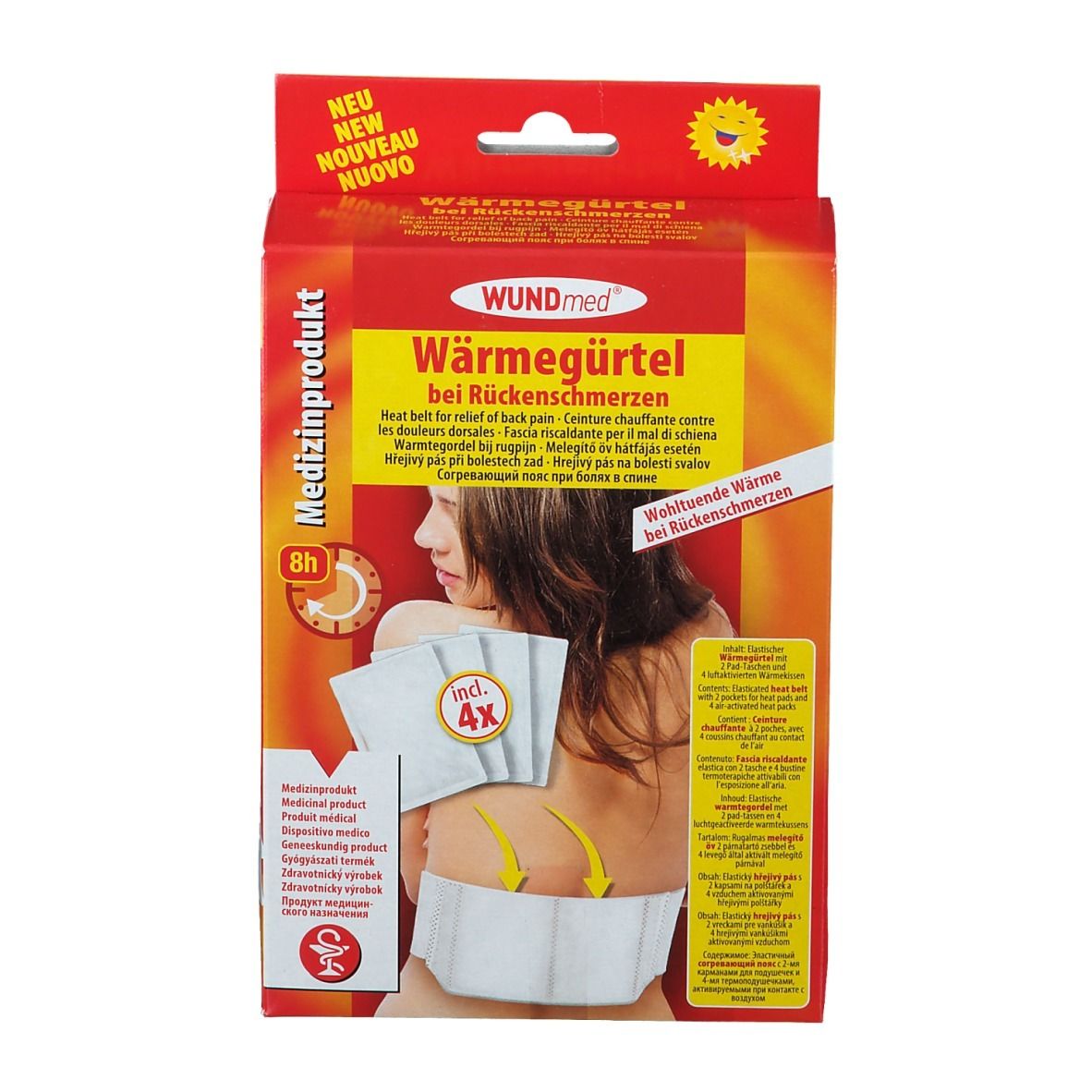 WUNDmed Wärmegürtel verpakking. Rode doos met productafbeelding en tekst. Bevat 4 warmtepads. Medisch product.