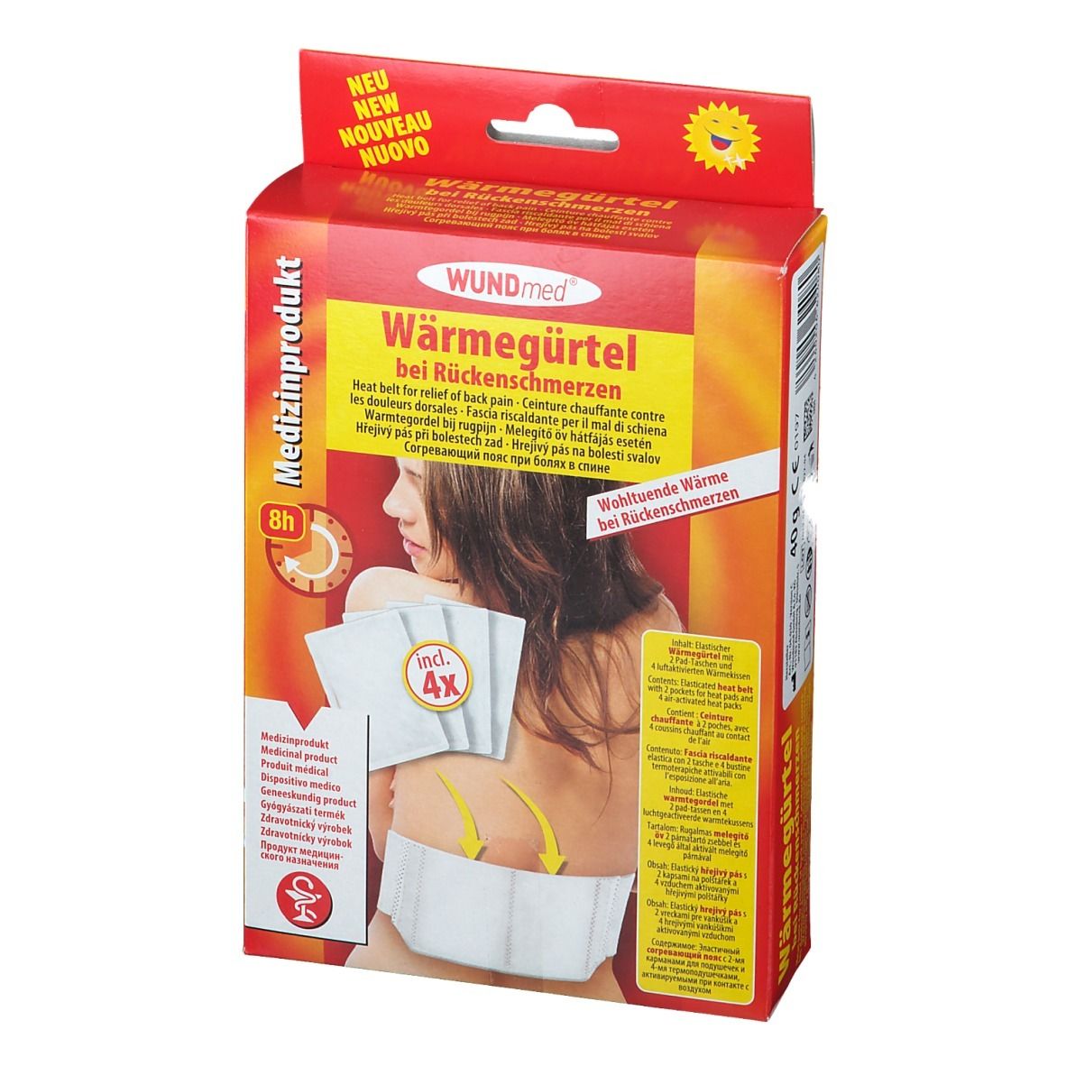 WUNDmed Wärmegürtel verpakking. Rode doos met productafbeelding en tekst. Bevat 4 warmtepads. Medisch product.