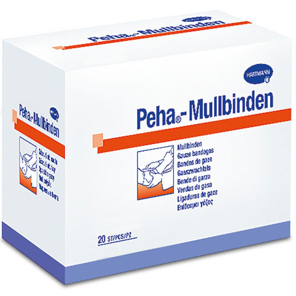Verpakking van Peha-Mullbinden. Opschrift: Peha-Mullbinden, 20 stuks/pak. Illustratie van een hand met verband. Merk: Hartmann.