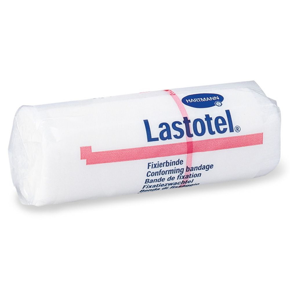 Bande de fixation Lastotel, blanche, roulée dans un emballage plastique. Fabricant Hartmann. Inscription Lastotel et Fixierbinde.