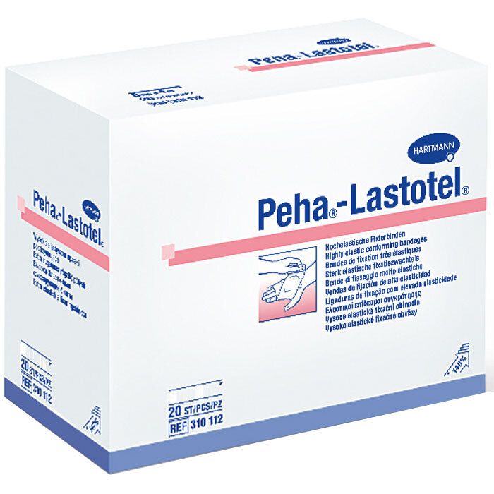 Boîte de bandages Hartmann Peha-Lastotel. Blanche, nom et logo du produit. 20 pièces, 4 m x 10 cm. Illustration d'une main.