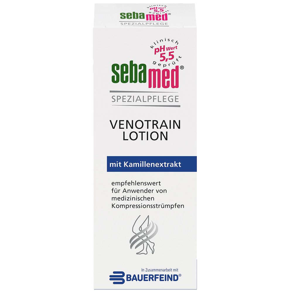 Witte doos met productnaam en logo. Tekst: VenoTrain Lotion, met kamille-extract. In samenwerking met Bauerfeind.