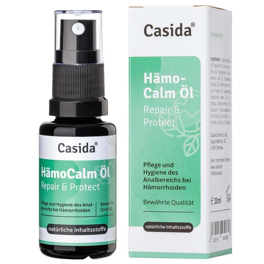 HämoCalm Öl Repair & Protect de Casida. Flacon spray et emballage. Texte: Soin et hygiène de la zone anale.