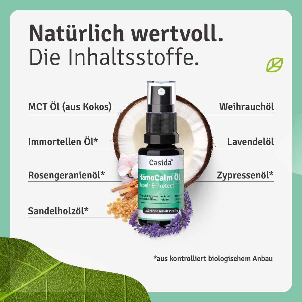 HämoCalm Öl Repair & Protect. Flacon spray. Ingrédients: Huile MCT, huile d'encens, huile de lavande, etc. Avec huile de coco.