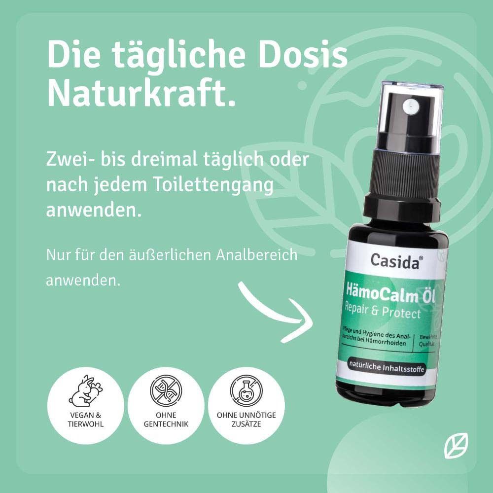 HämoCalm Öl Repair & Protect. Flacon spray. Utilisation: Deux à trois fois par jour. Végétalien, sans génie génétique, sans additifs.