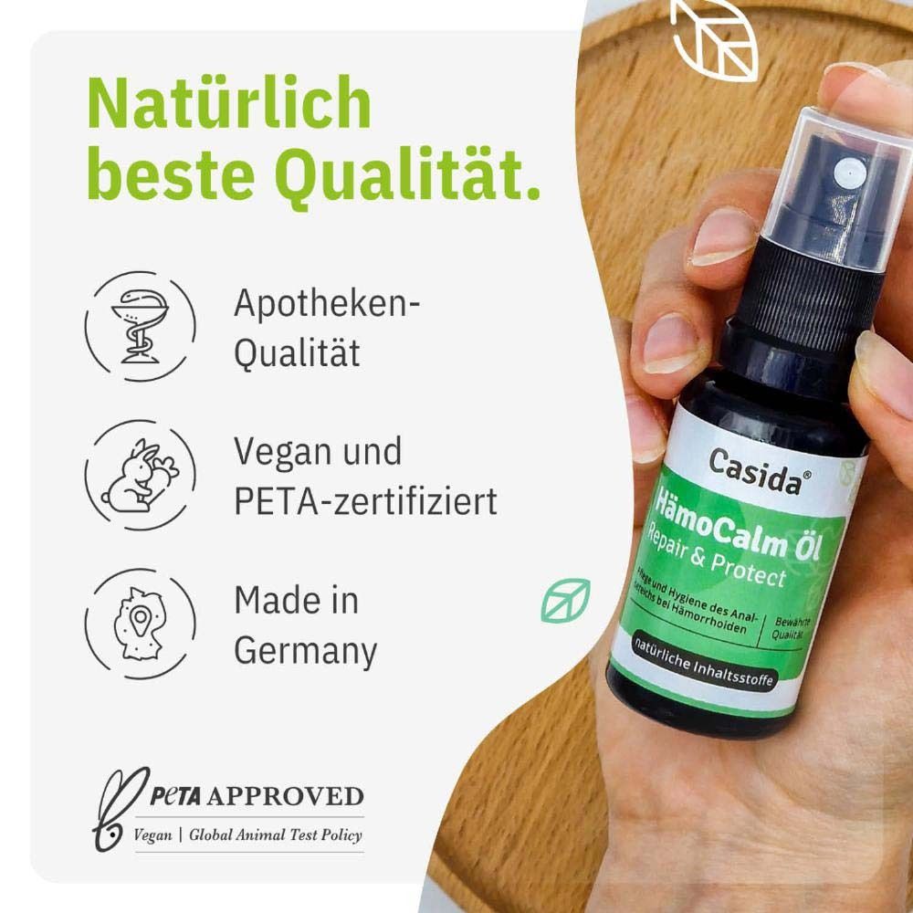 HämoCalm Öl Repair & Protect. Flacon spray. Végétalien et certifié PETA. Qualité pharmacie. Fabriqué en Allemagne.