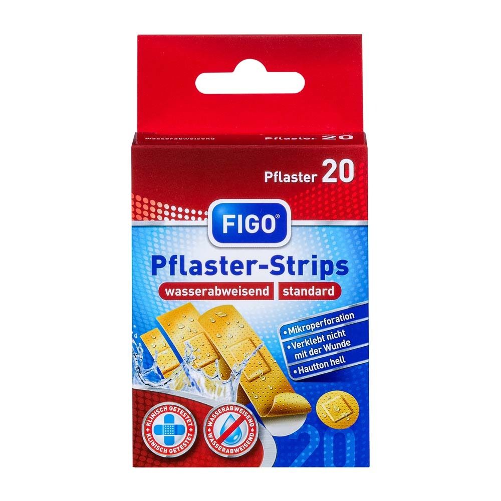 Différents paquets de pansements Figo: Pflaster-Strips, Silberpflaster, Erste Hilfe.